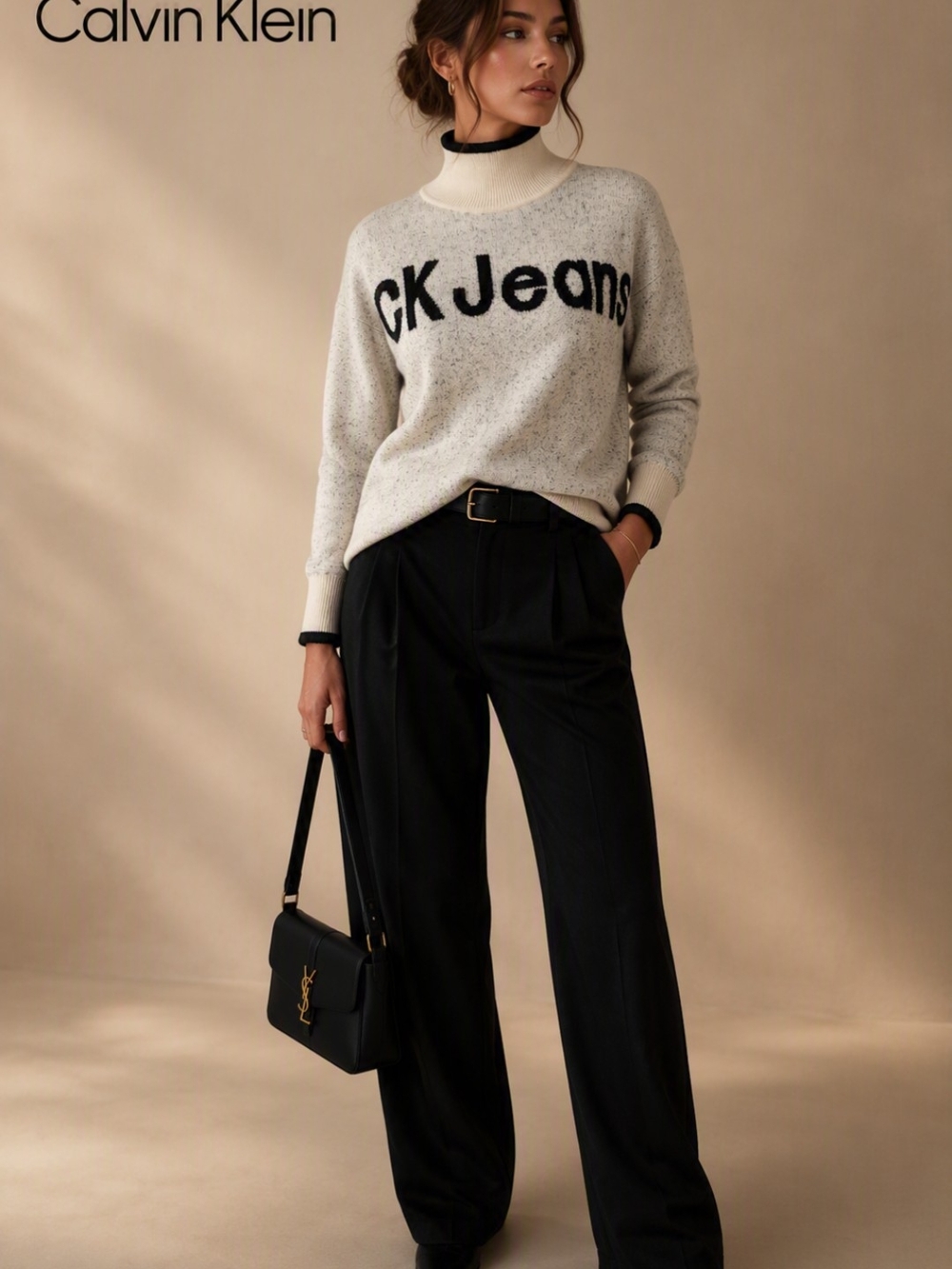 Calvin Klein Jeans Cream Speckled Turtleneck Sweater with Navy Logo